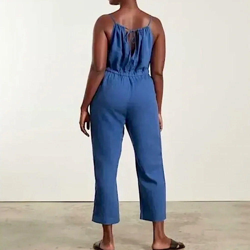 EVERLANE The Linen Shoestring Jumpsuit Lapis Blue